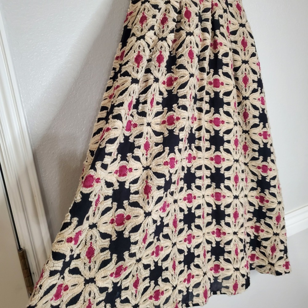 HM Black Tan Red Jacquard Midi Dress Silk Wool Blend Strappy V-Neck Size 6 - Picture 4 of 10